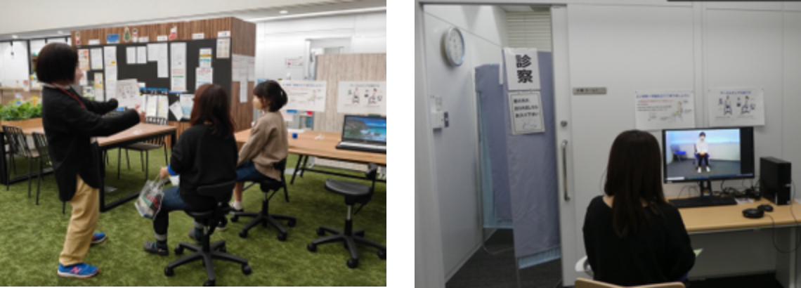 モニターを使って座り方を確認する様子